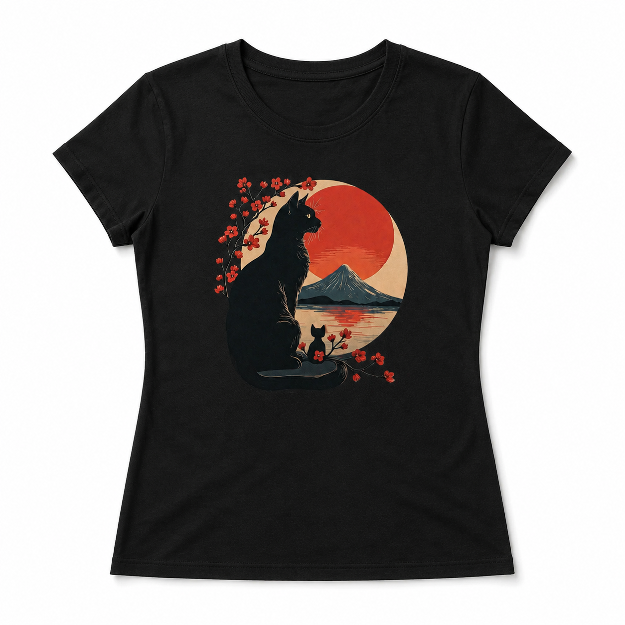 Women's Japanese Cat Mount Fuji Graphic T-Shirt Cute Casual Summer Tee Top