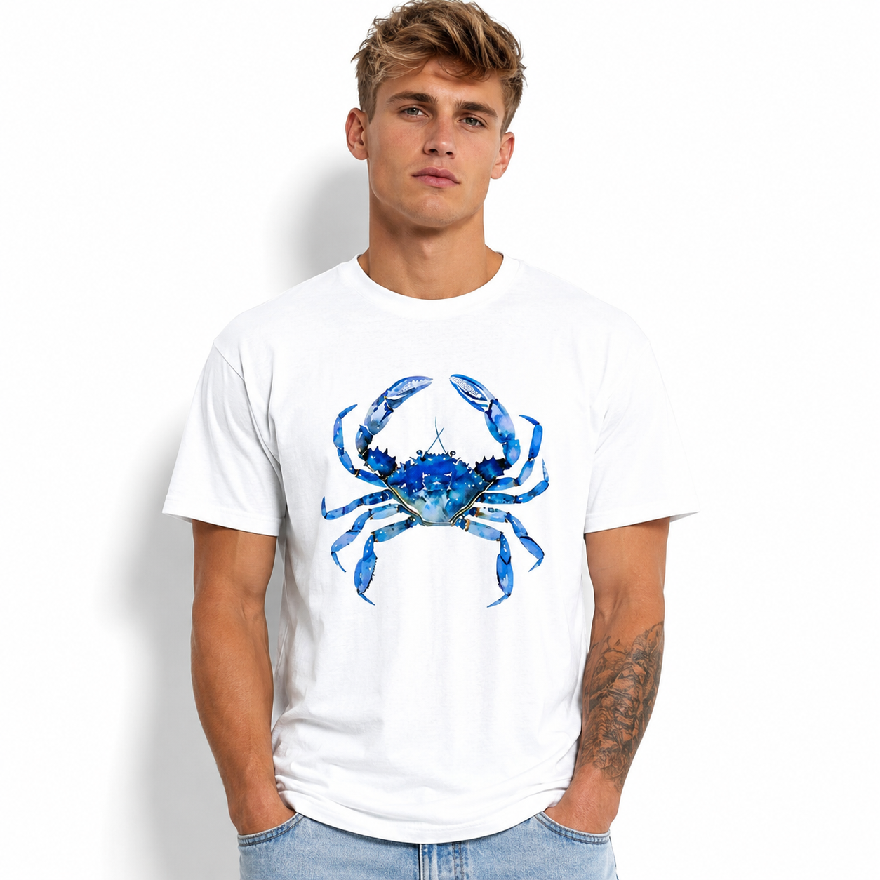 Blue Crab Coastal Graphic T-Shirt Ocean Seafood Beach Tee for Men