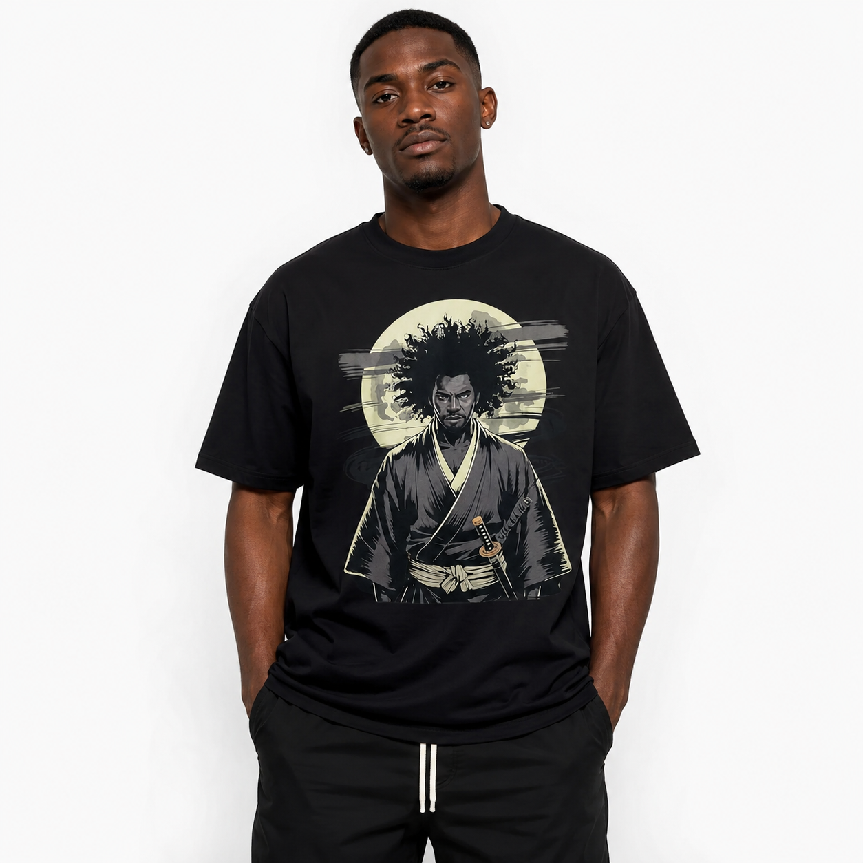 Afro Samurai Warrior Katana Vintage Japanese Graphic T Shirt Streetwear Tee