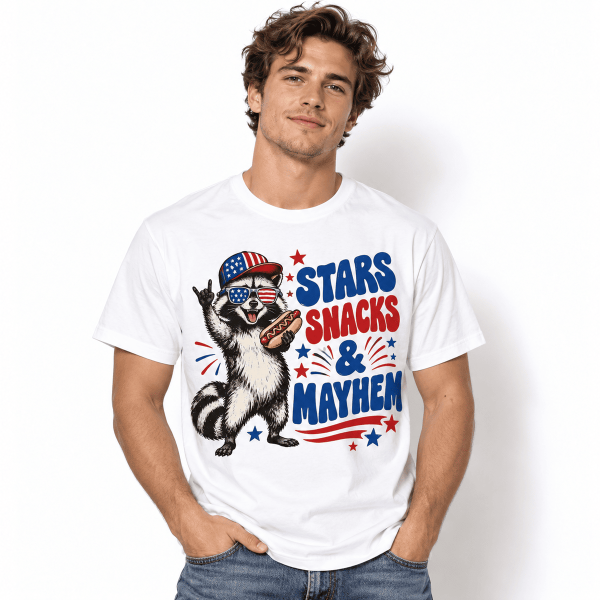 Funny Patriotic Raccoon Stars Snacks & Mayhem Men's T-Shirt