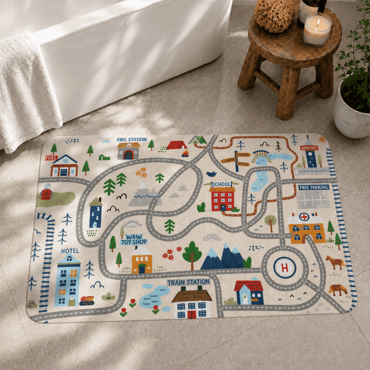 Kids Road Play Rug, Neutral Playroom Carpet, Montessori City Map Mat, Car Track Nursery Decor, Toddler Bedroom Area Rug, Montessori Rug