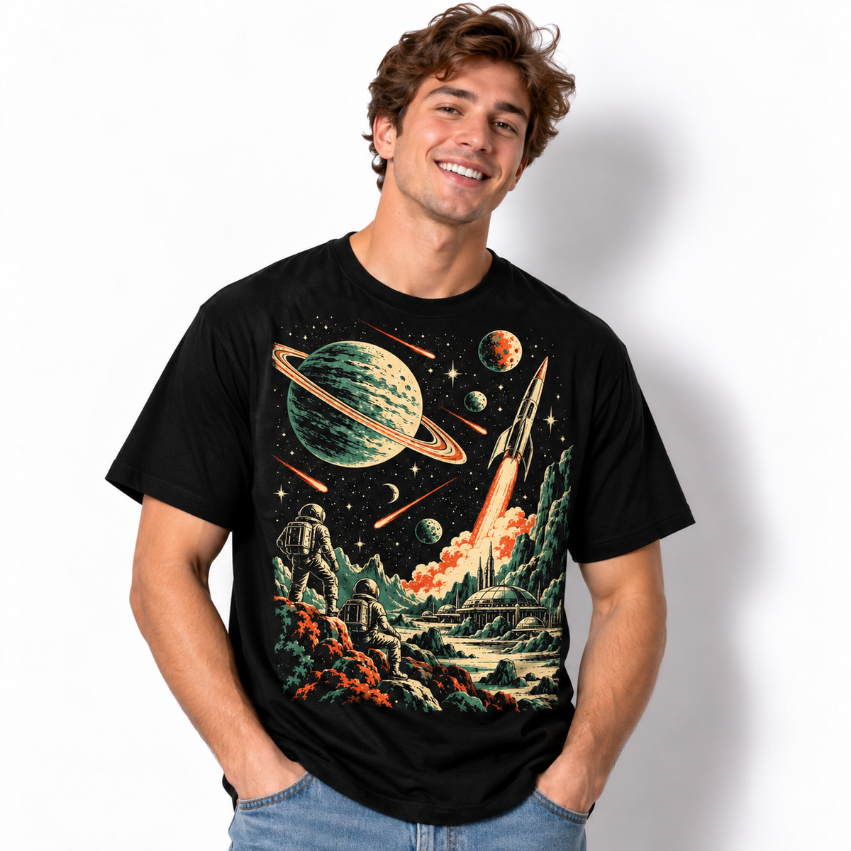 Retro Space Adventure Astronaut Rocket Planet Men's Graphic T-Shirt