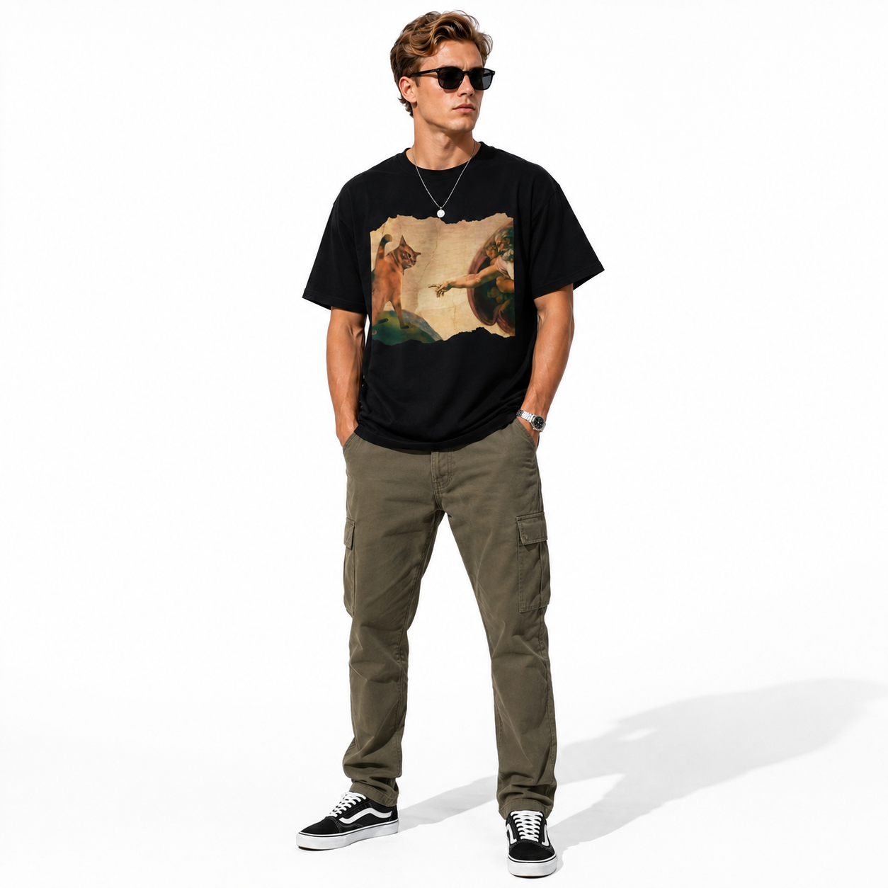 Funny Cat Swatting God's Hand Graphic T-Shirt for Men Meme Tee