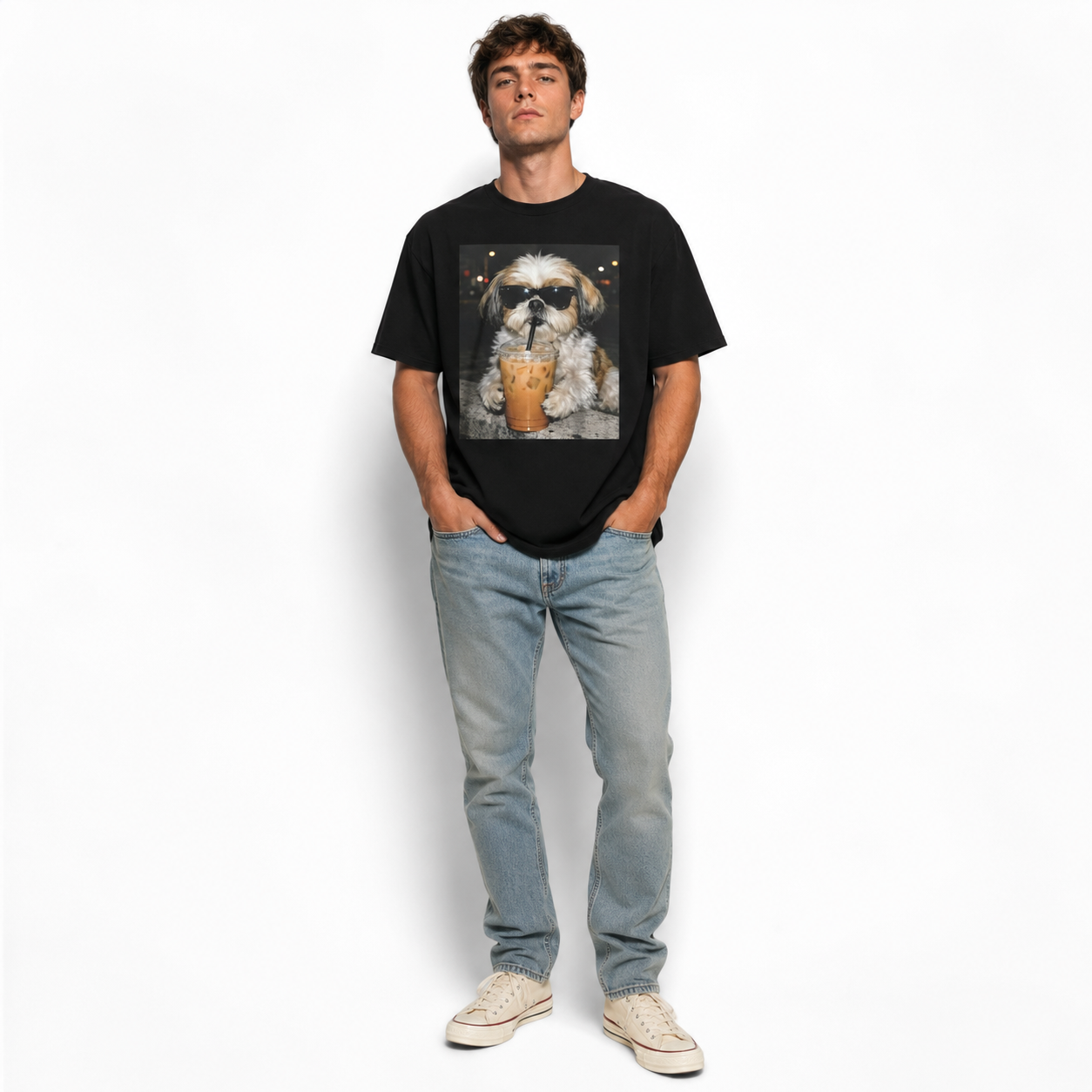 Funny Cool Shih Tzu Iced Coffee Graphic T-Shirt Dog Lover Casual Street Tee