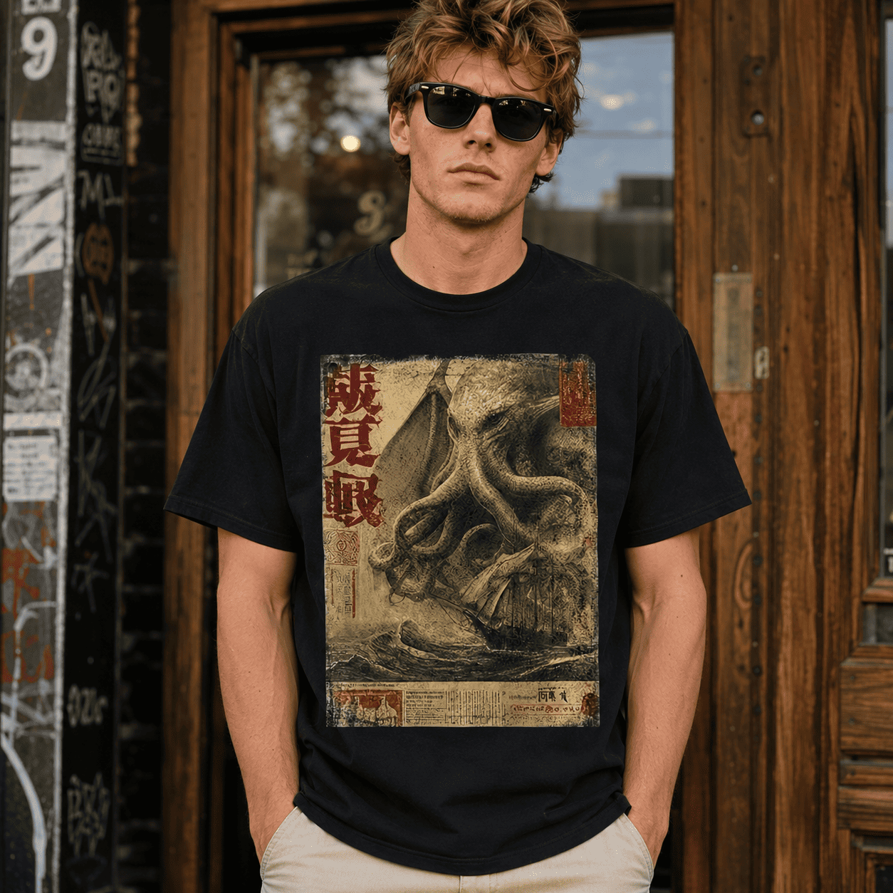 Cthulhu Kraken Japanese Sea Monster T-Shirt Retro Kanji Horror Graphic Tee
