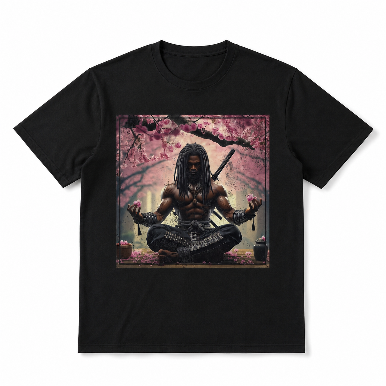 Japanese Samurai Meditation Graphic T-Shirt Cherry Blossom Warrior Tee