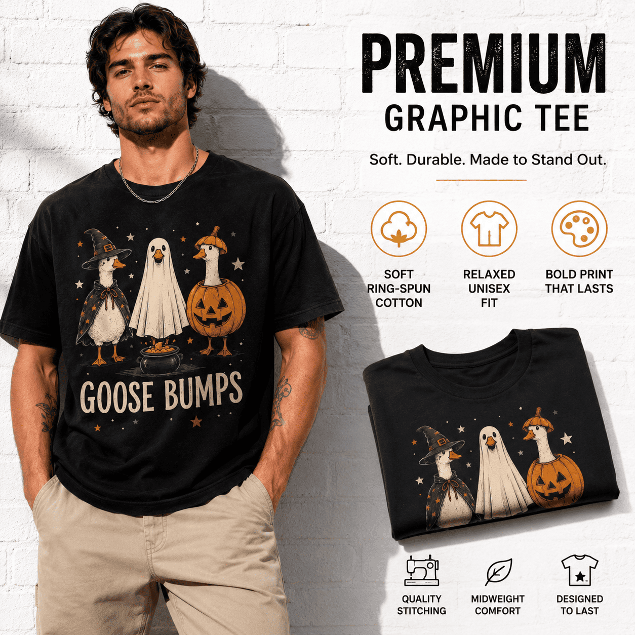Funny Goose Bumps Halloween Ducks Ghost Pumpkin Witch Spooky Men's T-Shirt