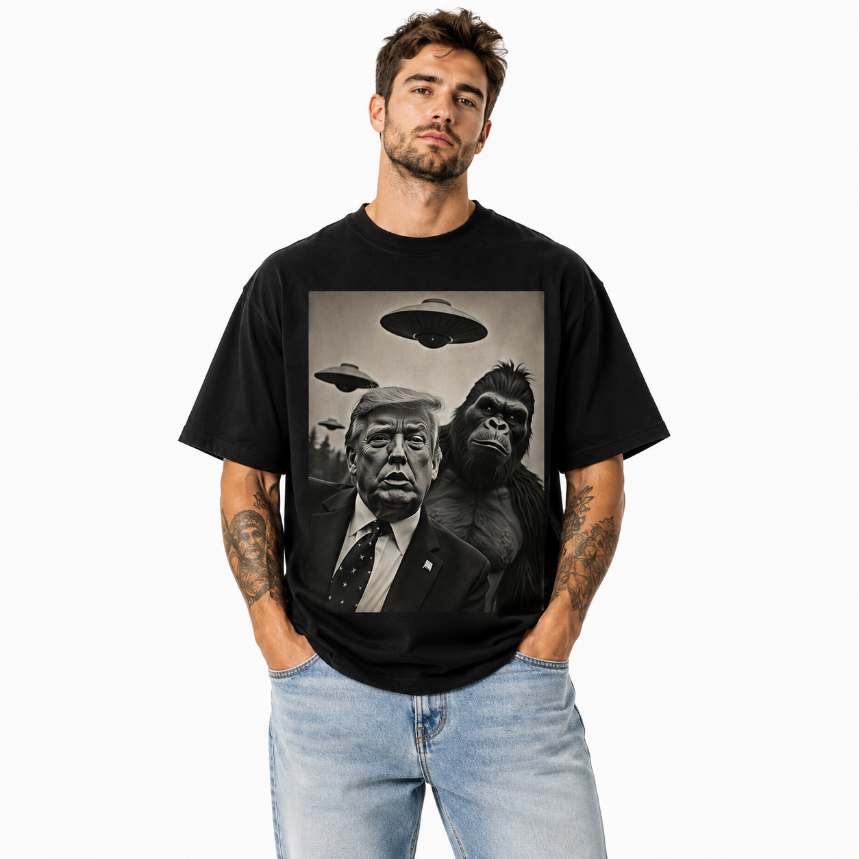 Funny UFO Gorilla Political Satire Graphic T-Shirt Men’s Vintage Tee