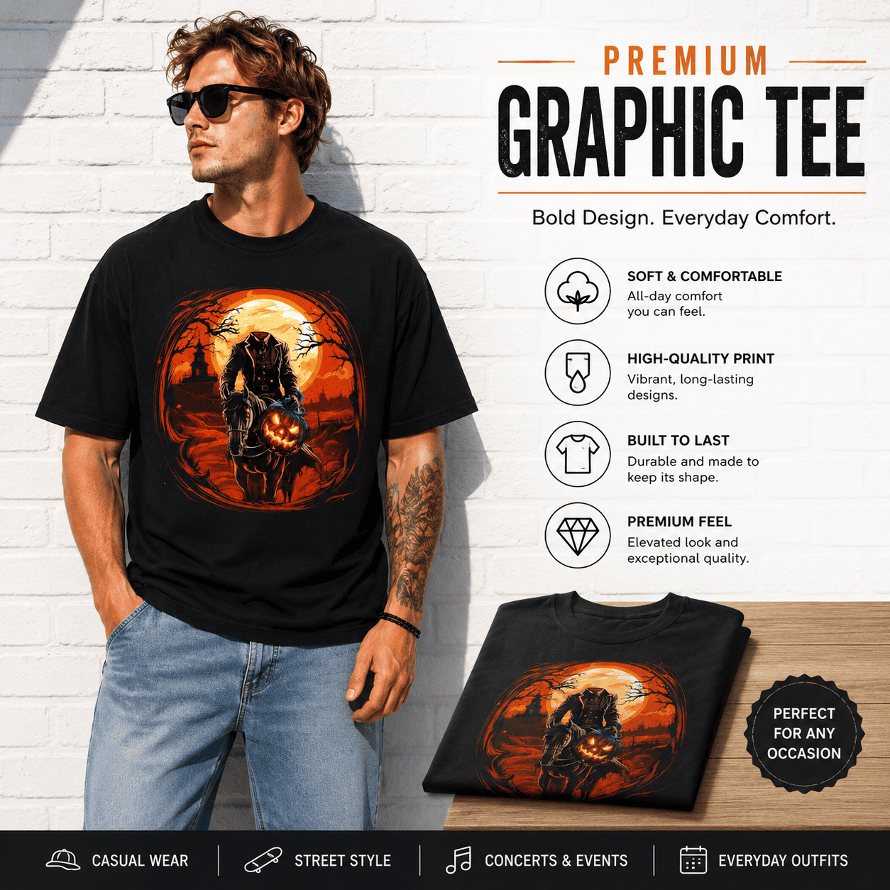 Headless Horseman Pumpkin Halloween Gothic Horror Rider Graphic Men's T-Shirt