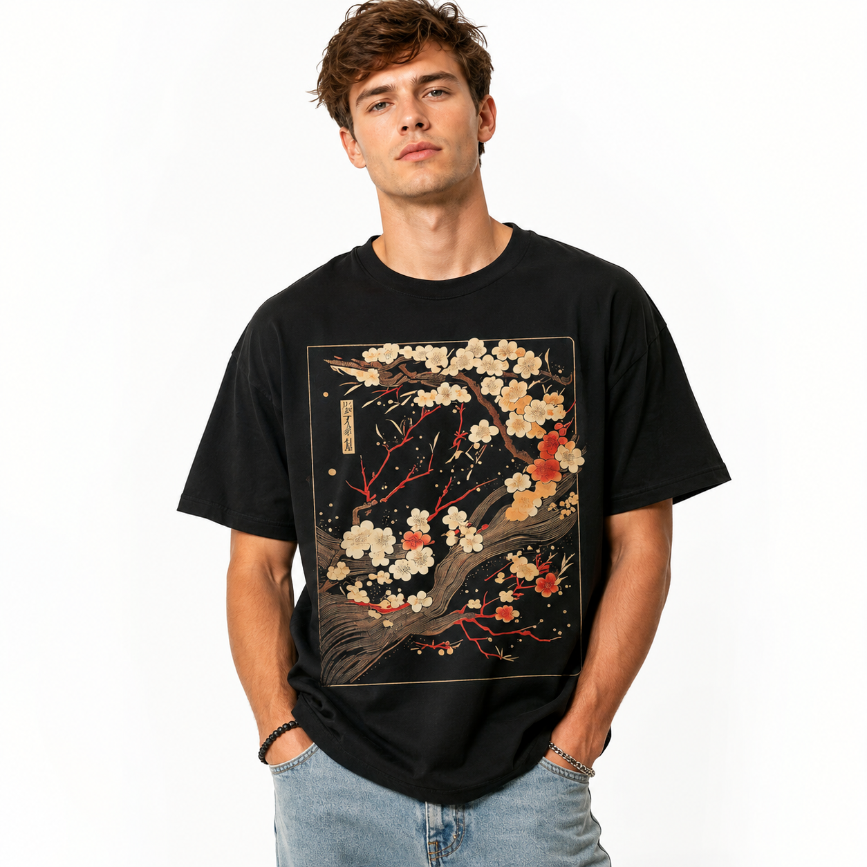 Japanese Woodblock Cherry Blossom Graphic T-Shirt Floral Art Tee