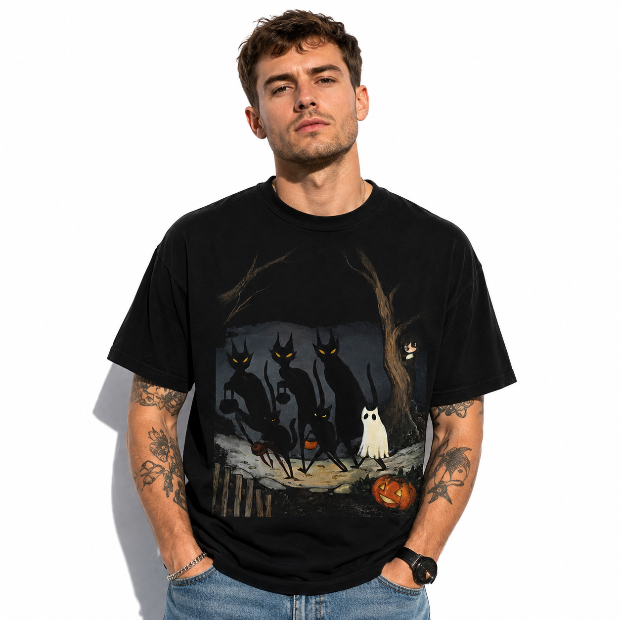 Black Cats Ghost Trick or Treat Spooky Halloween Graphic Men's T-Shirt