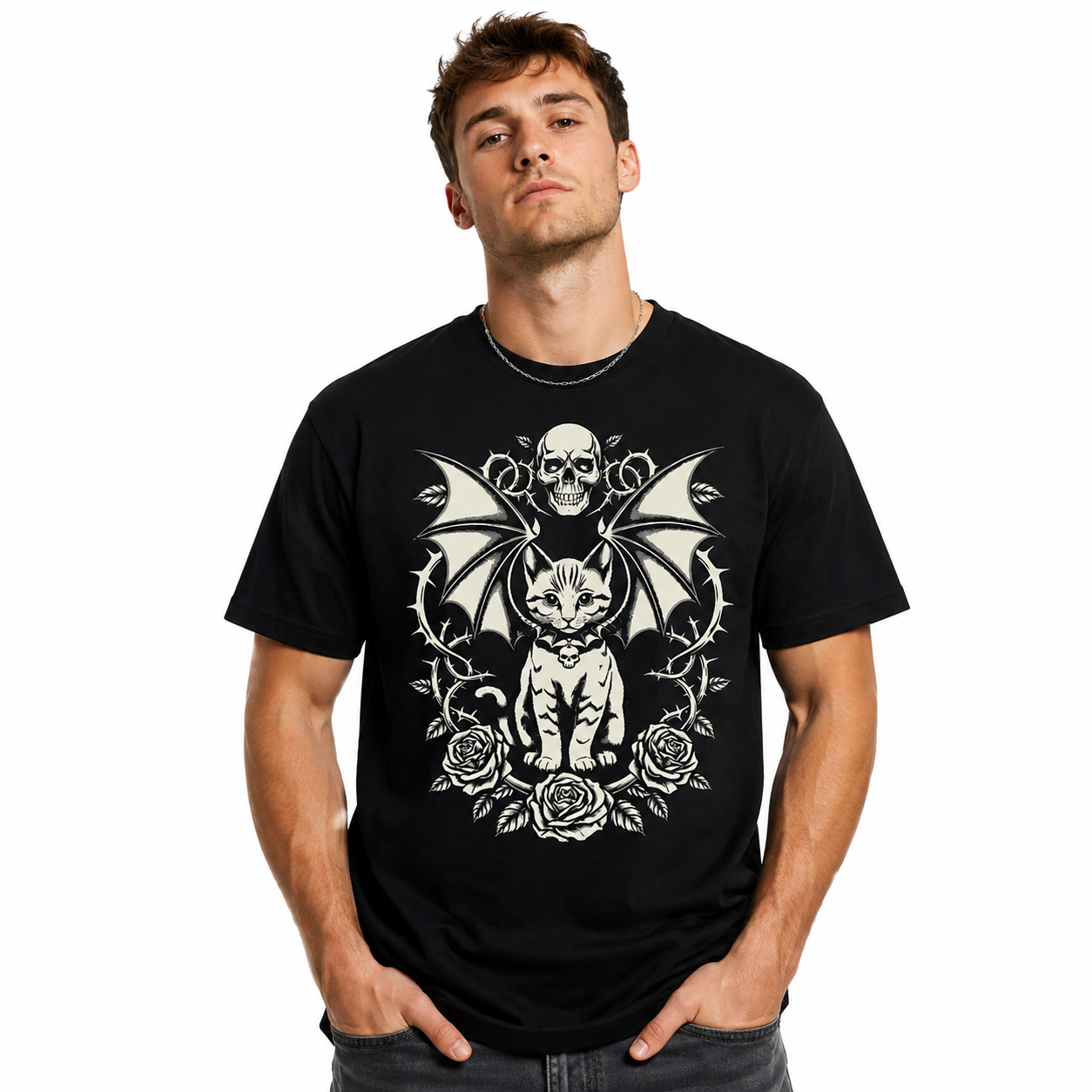 Gothic Bat Wing Cat Skull Roses Halloween Dark Art Graphic Men's T-Shirt
