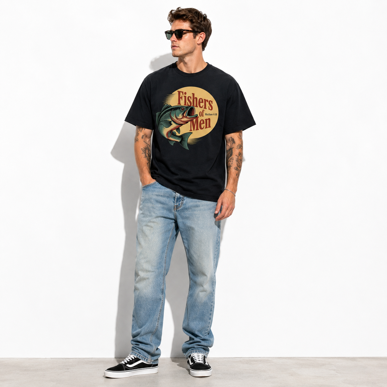 Fishers of Men Matthew 4:19 Bass Fishing T Shirt Christian Graphic Tee Gift