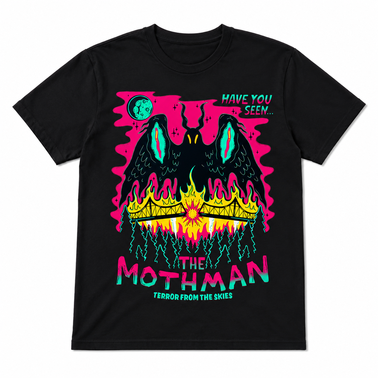 Neon Mothman Graphic T-Shirt Retro Cryptid Horror Tee for Men