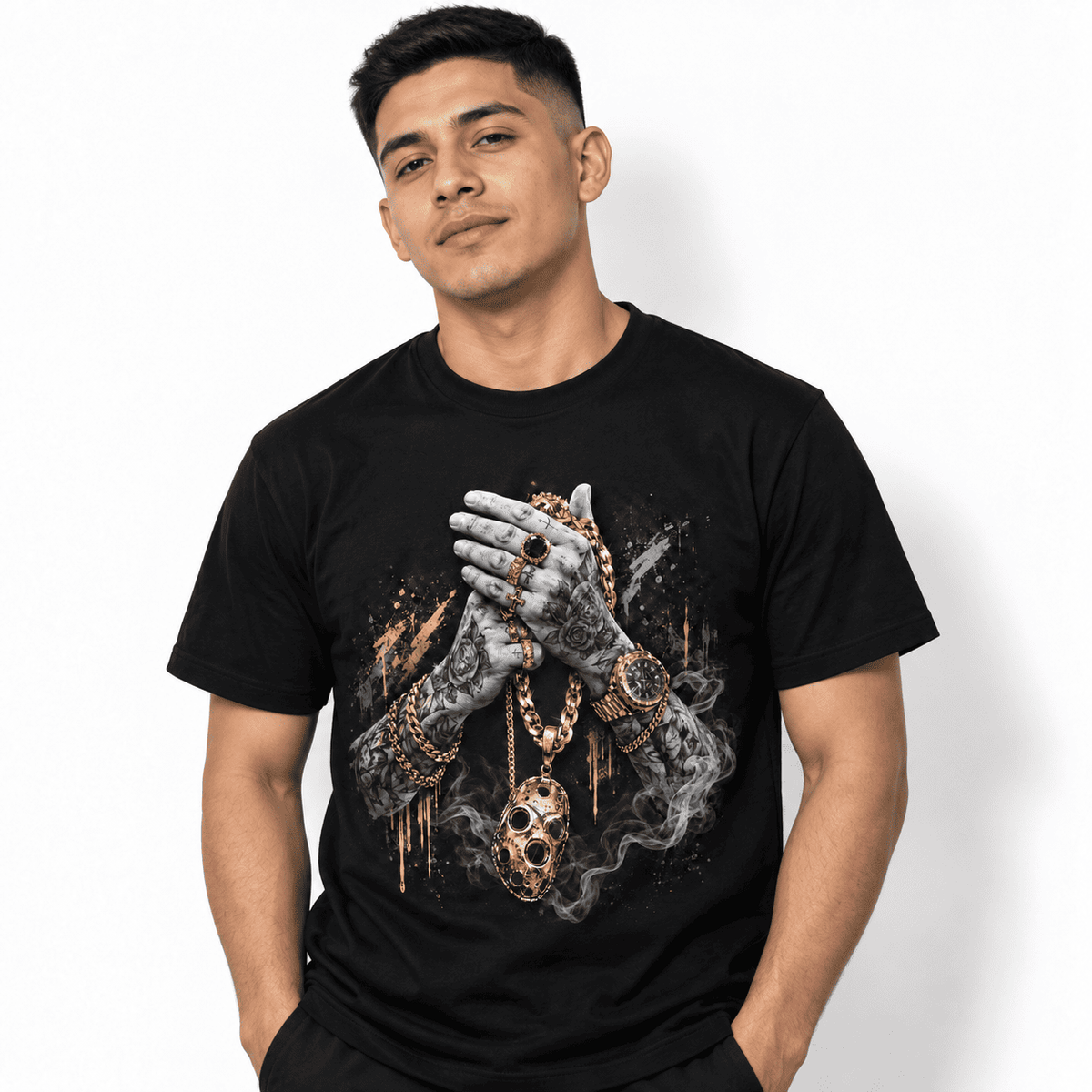 Tattooed Hands Gold Chain Mask Streetwear Men's Graphic T-Shirt