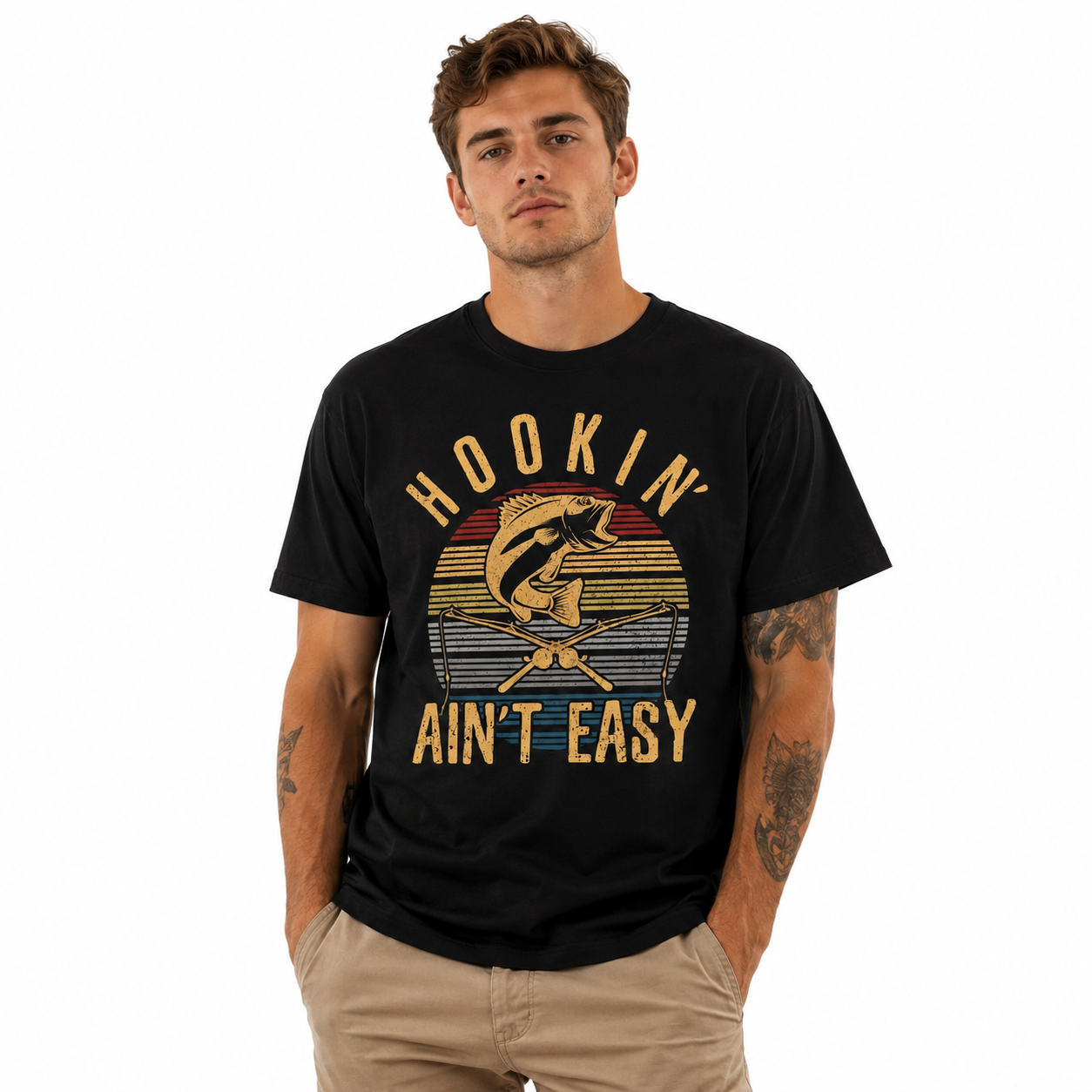 Hookin' Ain't Easy Vintage Fishing Graphic T Shirt Fish Hook Angler Gift