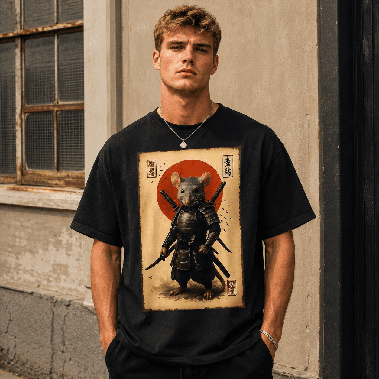 Vintage Japanese Samurai Rat Warrior Graphic T-Shirt Anime Art Tee