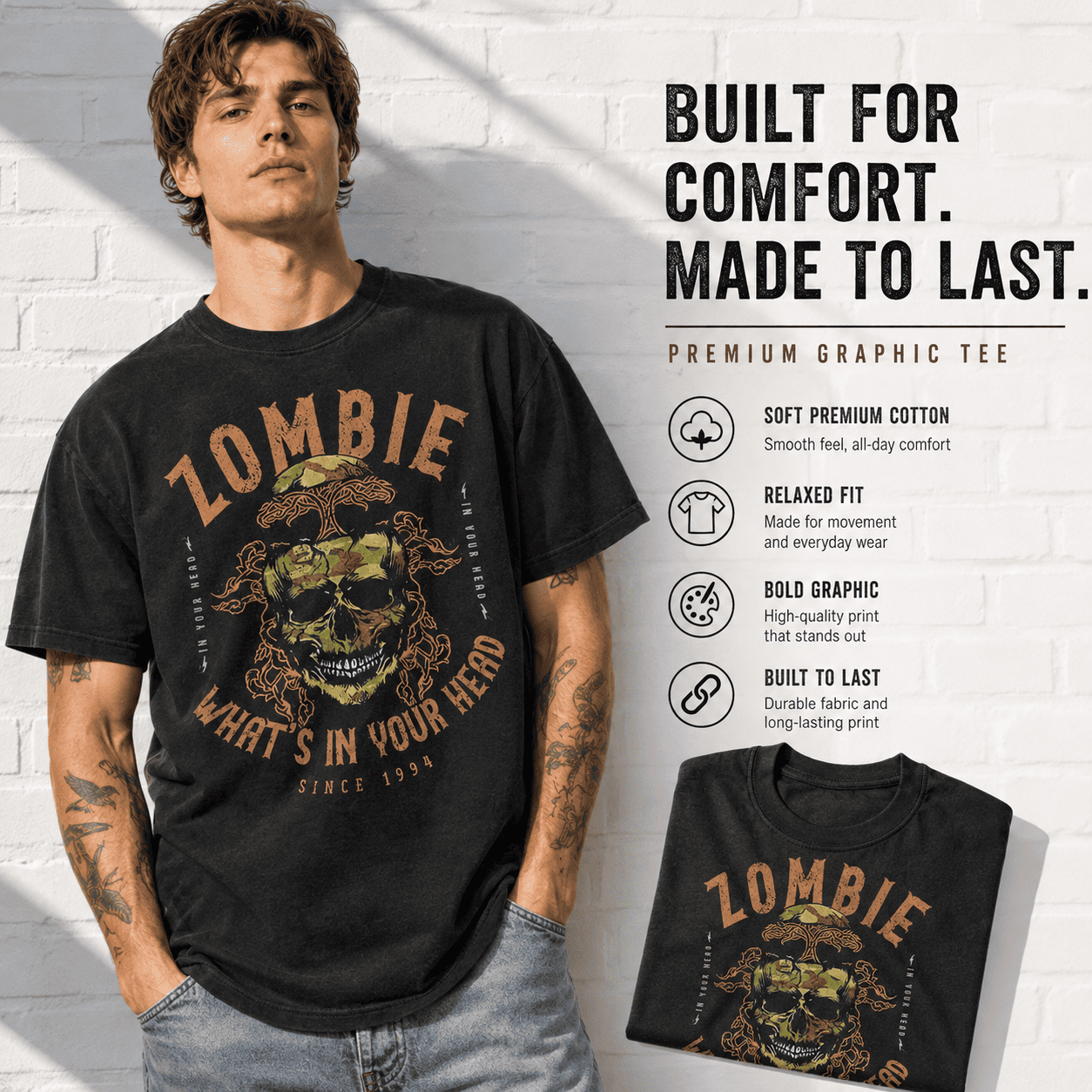 Zombie What's In Your Head Skull Undead Horror Halloween Graphic Men's T-Shirt