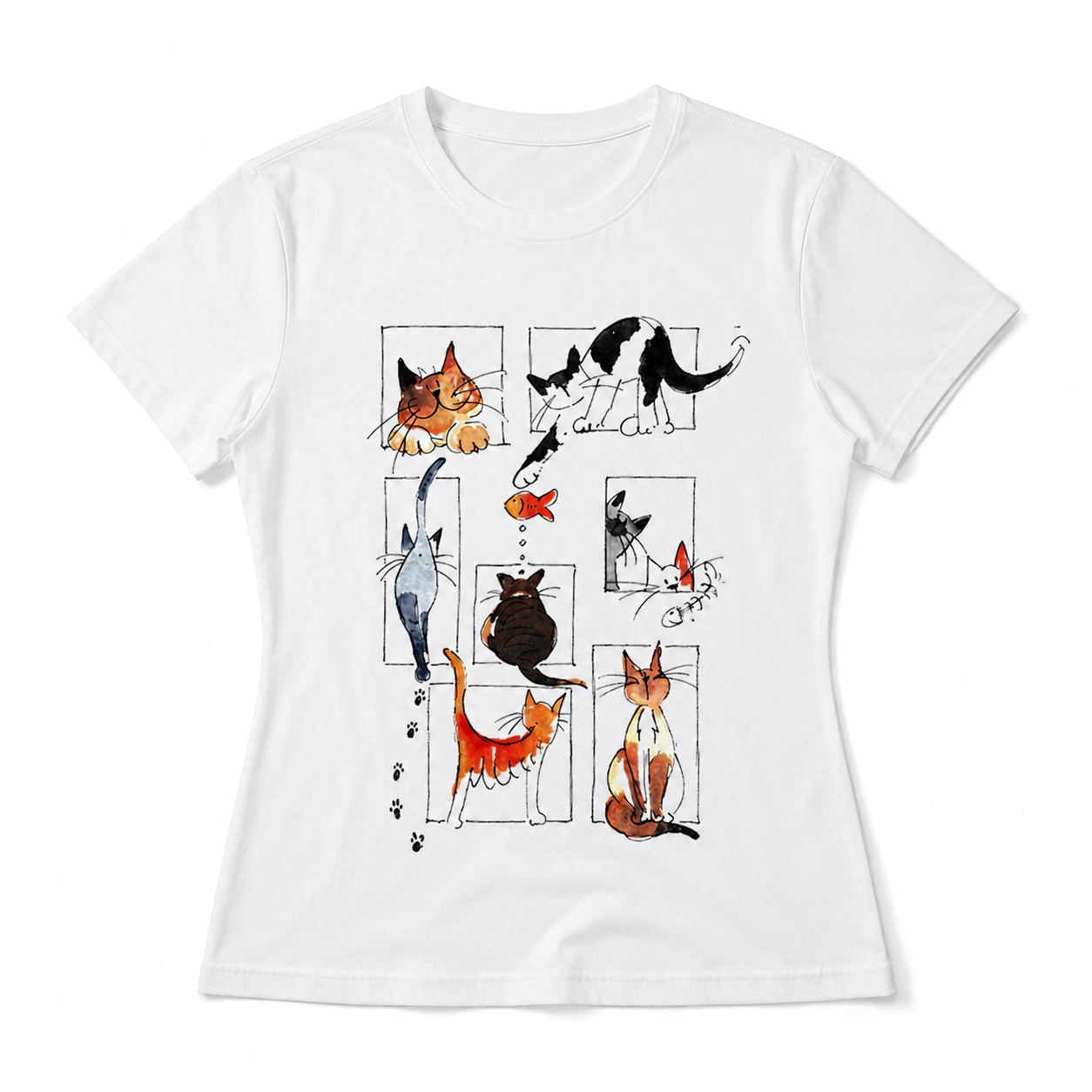Watercolor Cat Windows T-Shirt | Playful Multi-Cat Boutique Graphic Tee