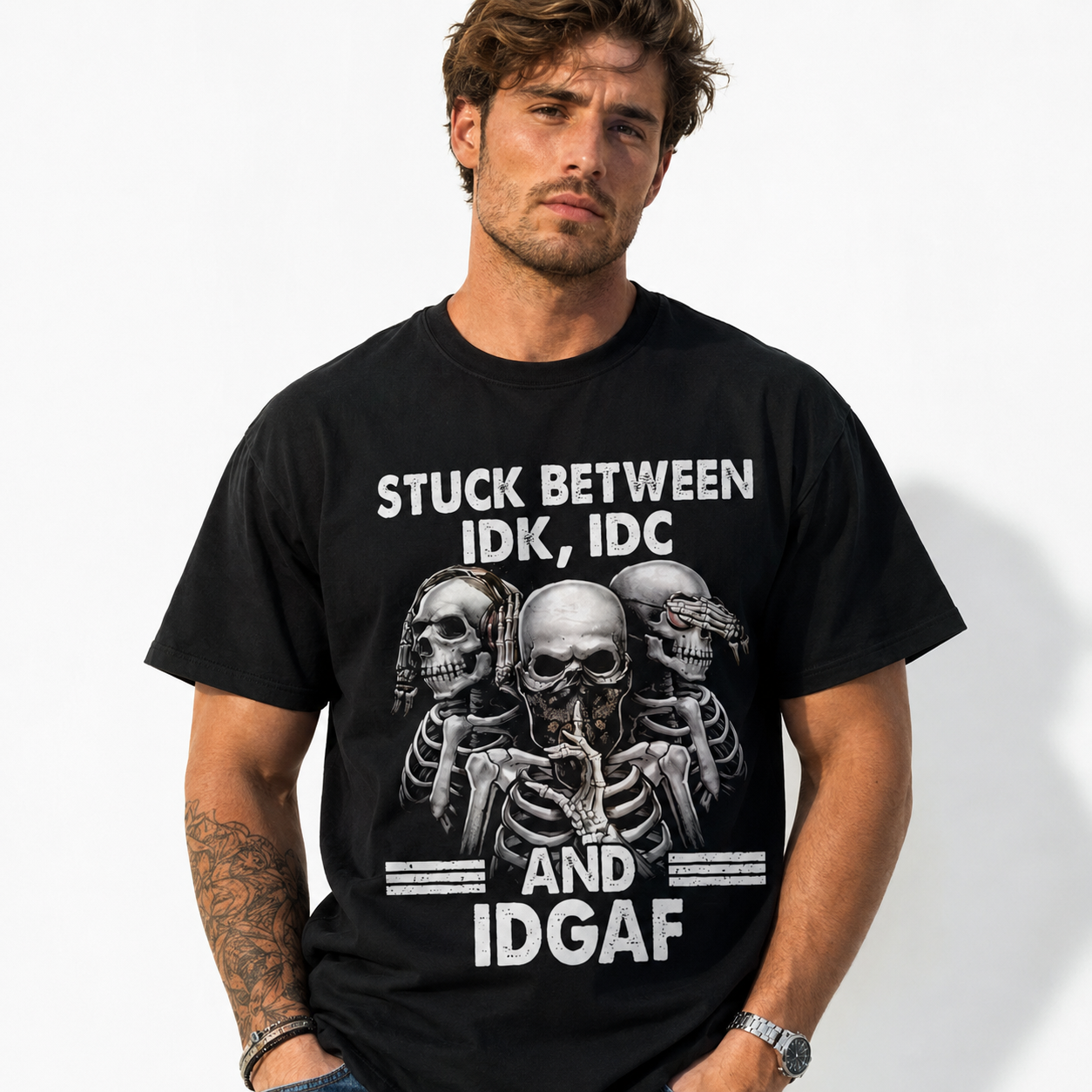 Stuck Between IDK IDC and IDGAF Skeleton Funny Graphic Men's T-Shirt