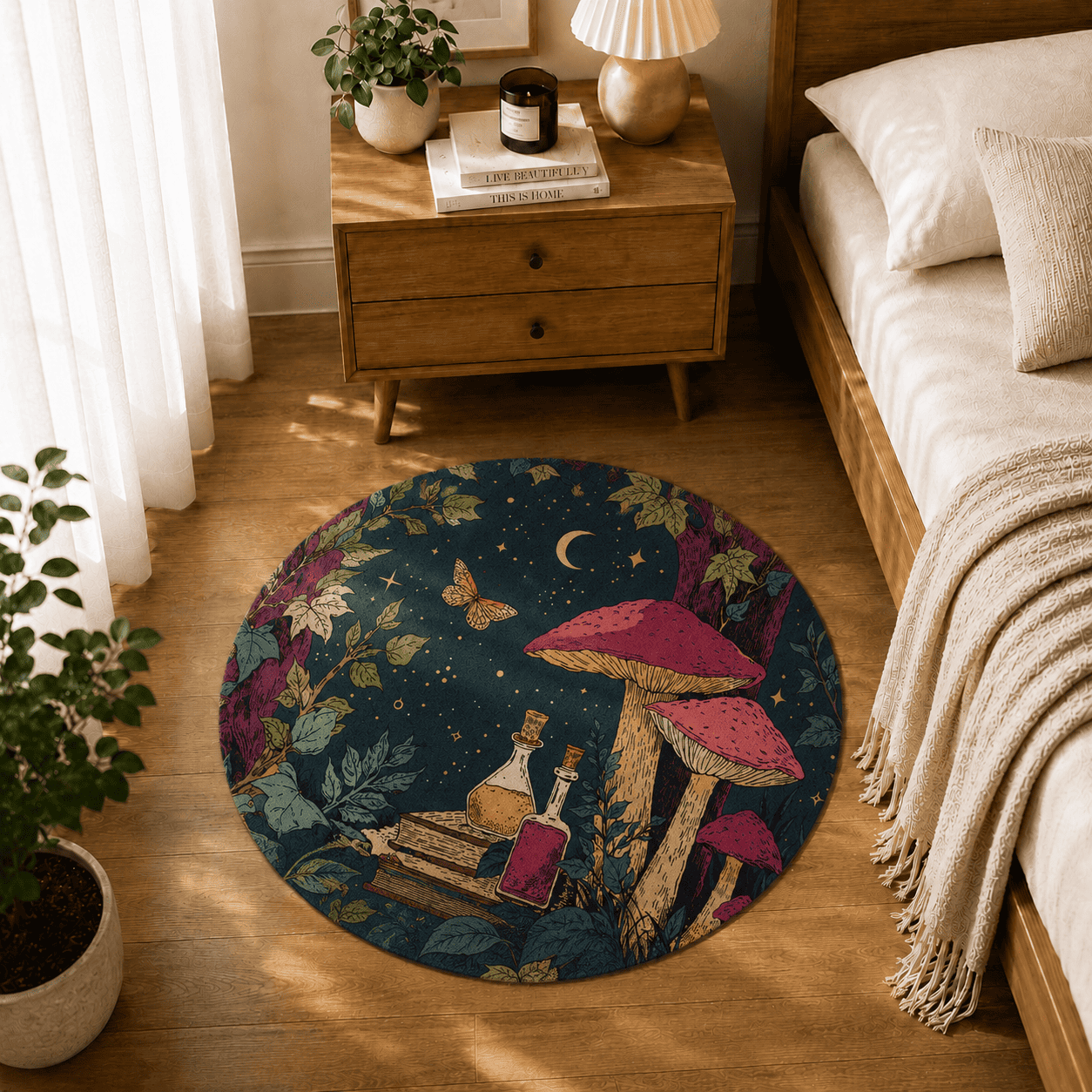 Cottagecore Mushroom Bath Rug Quick Dry Super Absorbent Non Slip Moon Design