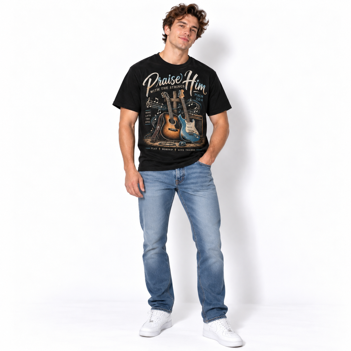 Praise Him With The Strings Christian Guitar Worship Men's T-Shirt