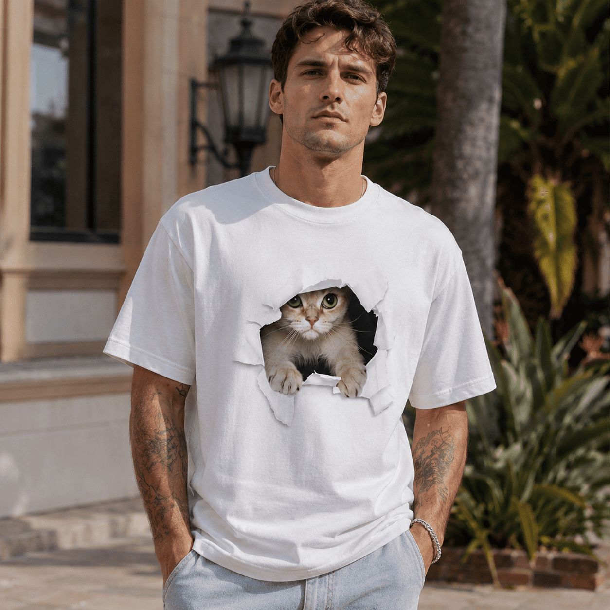 Cute Cat Graphic Tee Kitten Peek Hole Funny T-Shirt Casual Cotton Shirt