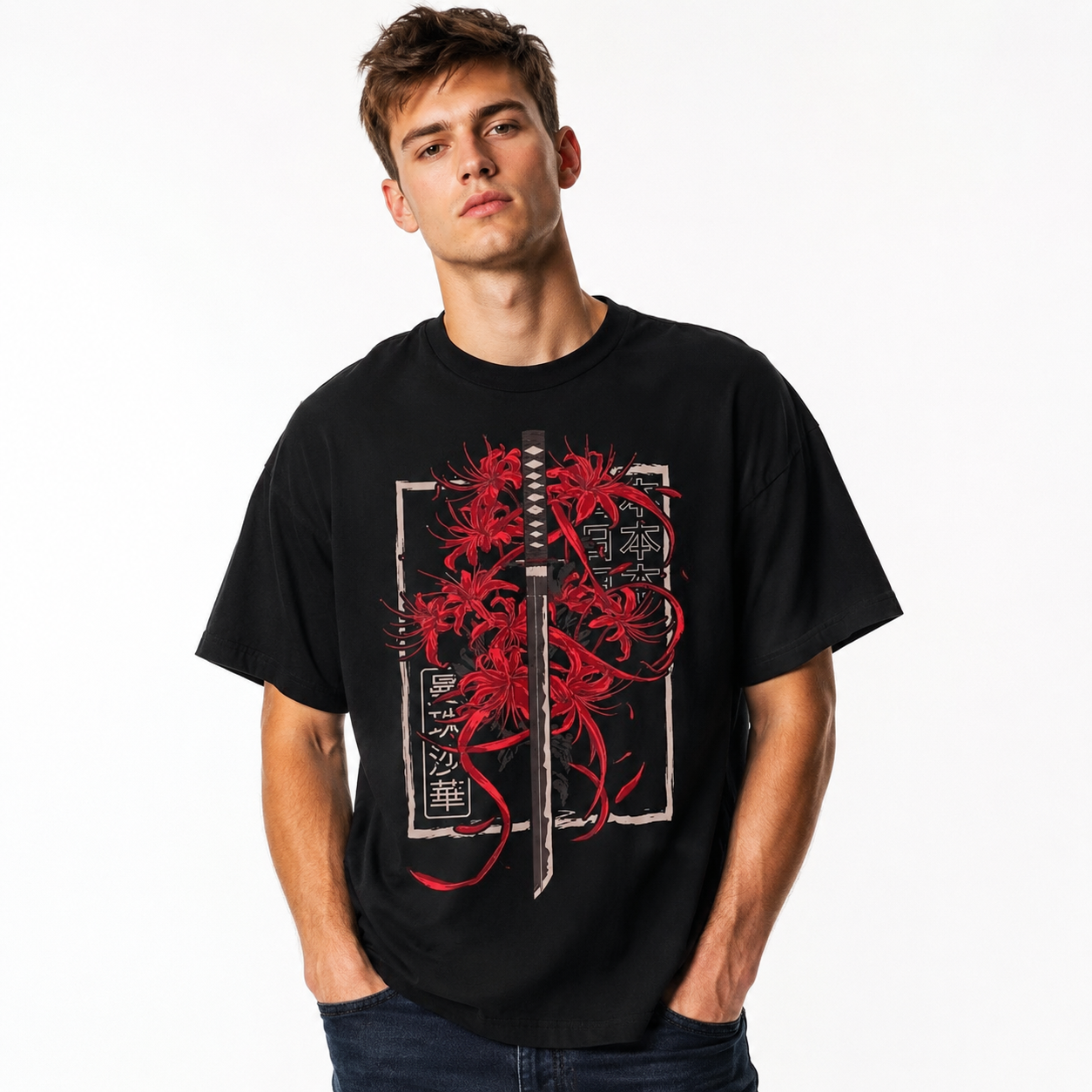 Red Spider Lily Samurai Katana Graphic T-Shirt Japanese Anime Tee