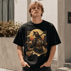 Black Cat Samurai Graphic T-Shirt Japanese Warrior Cat Tee