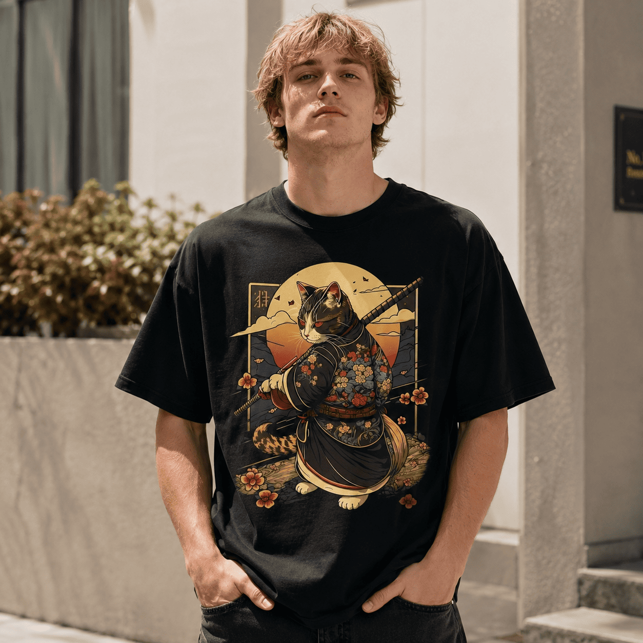 Black Cat Samurai Graphic T-Shirt Japanese Warrior Cat Tee
