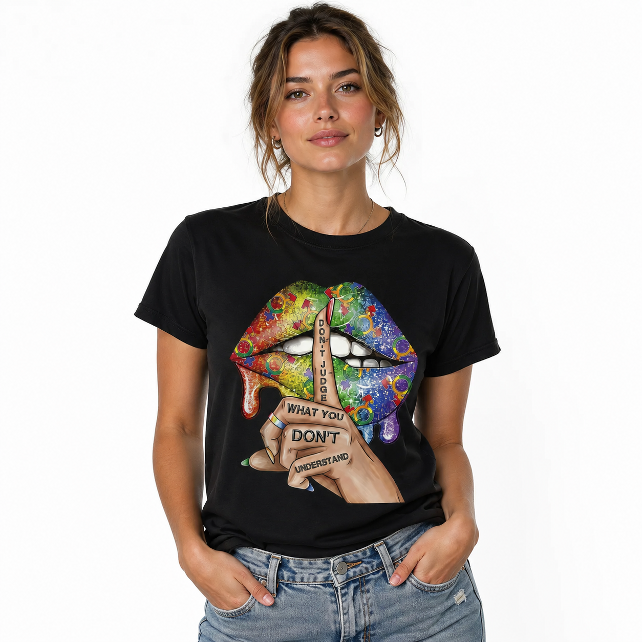 Women Graphic T-Shirt Glitter Lips Shh Finger Print Casual Crew Neck Trendy Tee