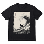 Funny Surfing Cat Great Wave Japanese Ukiyoe Art Graphic T Shirt Retro Tee
