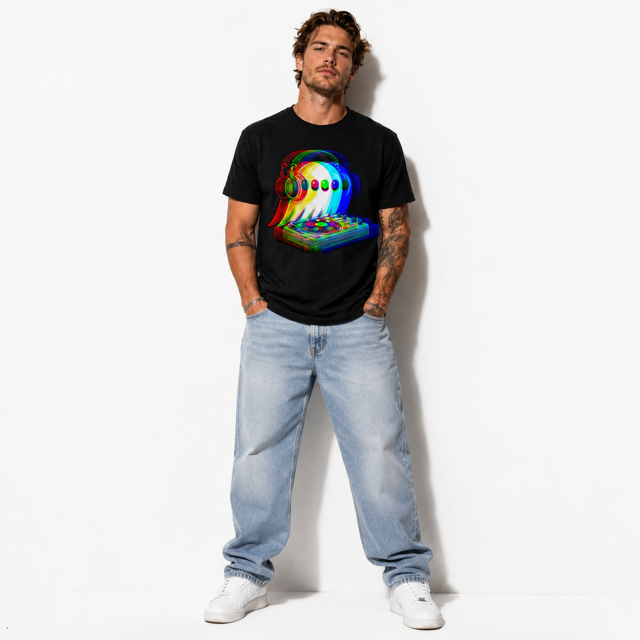 Funny DJ Ghost Halloween Music Headphones Turntable Graphic Men's T-Shirt