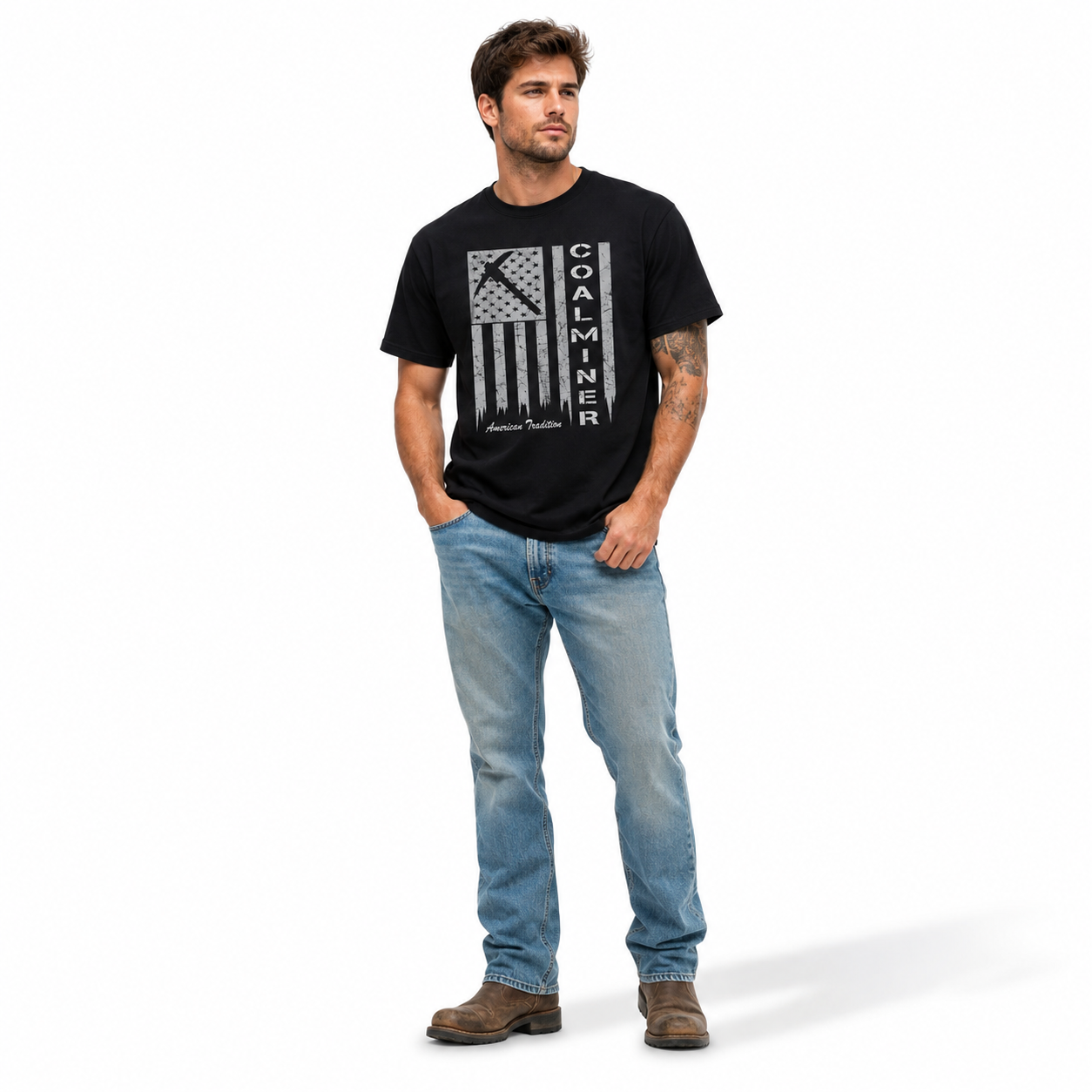 Coal Miner American Flag Graphic T-Shirt Patriotic Workwear Tee for Men