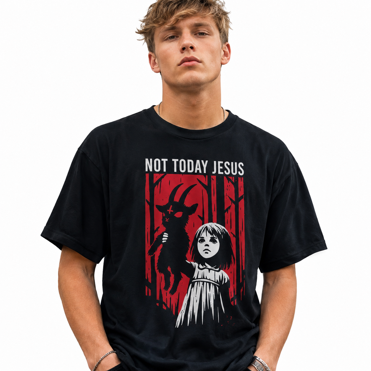 Not Today Jesus Creepy Girl Demon Funny Halloween Horror Men's T-Shirt