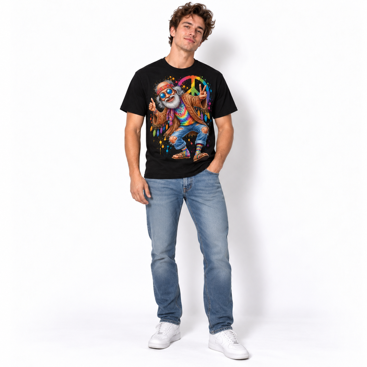 Funny Hippie Grandpa Peace Sign Tie Dye Men's Graphic T-Shirt