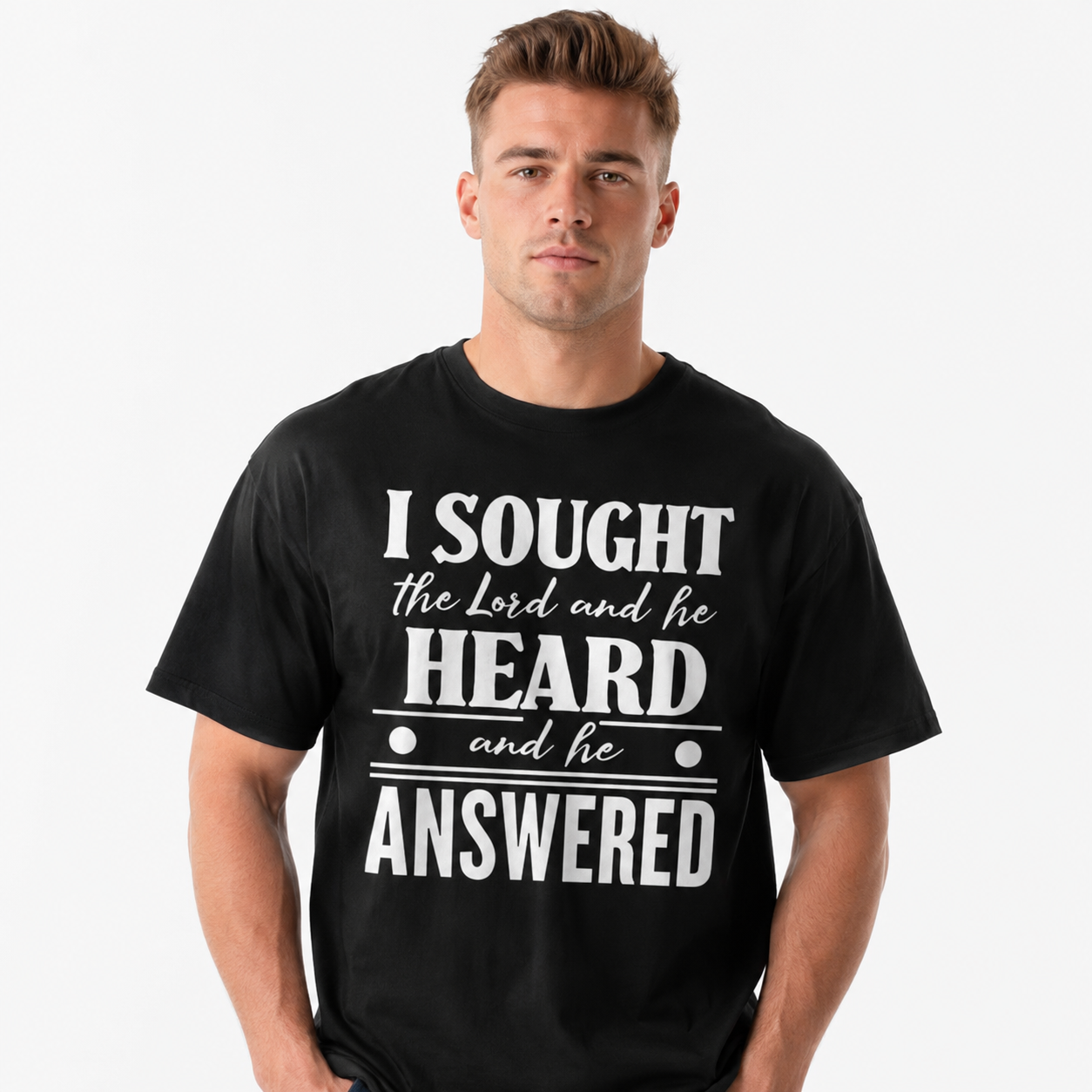 I Sought the Lord and He Answered Christian Faith Graphic T-Shirt for Men