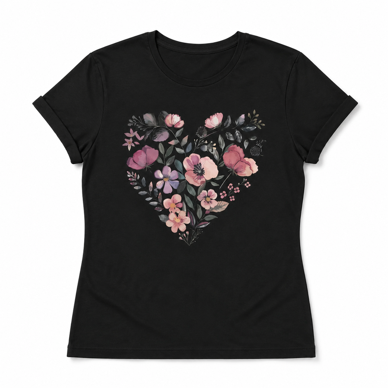 Women Vintage Floral Heart Graphic T-Shirt Rose Flower Casual Crew Neck Tee Top