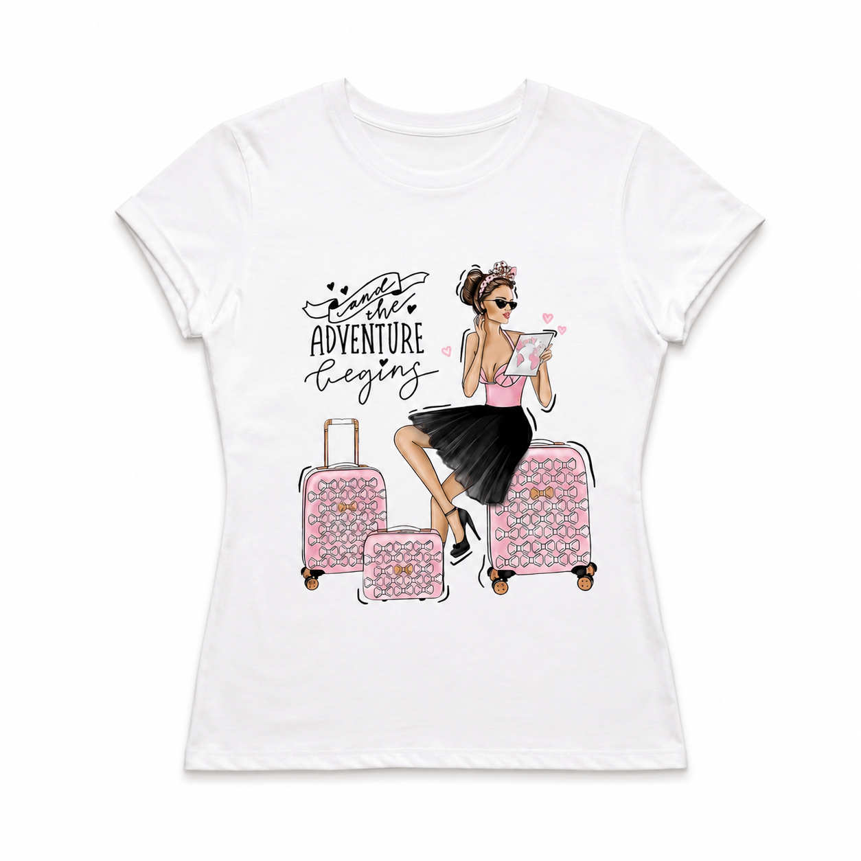 Women Adventure Begins Travel Graphic T-Shirt Suitcase Print Casual Tee