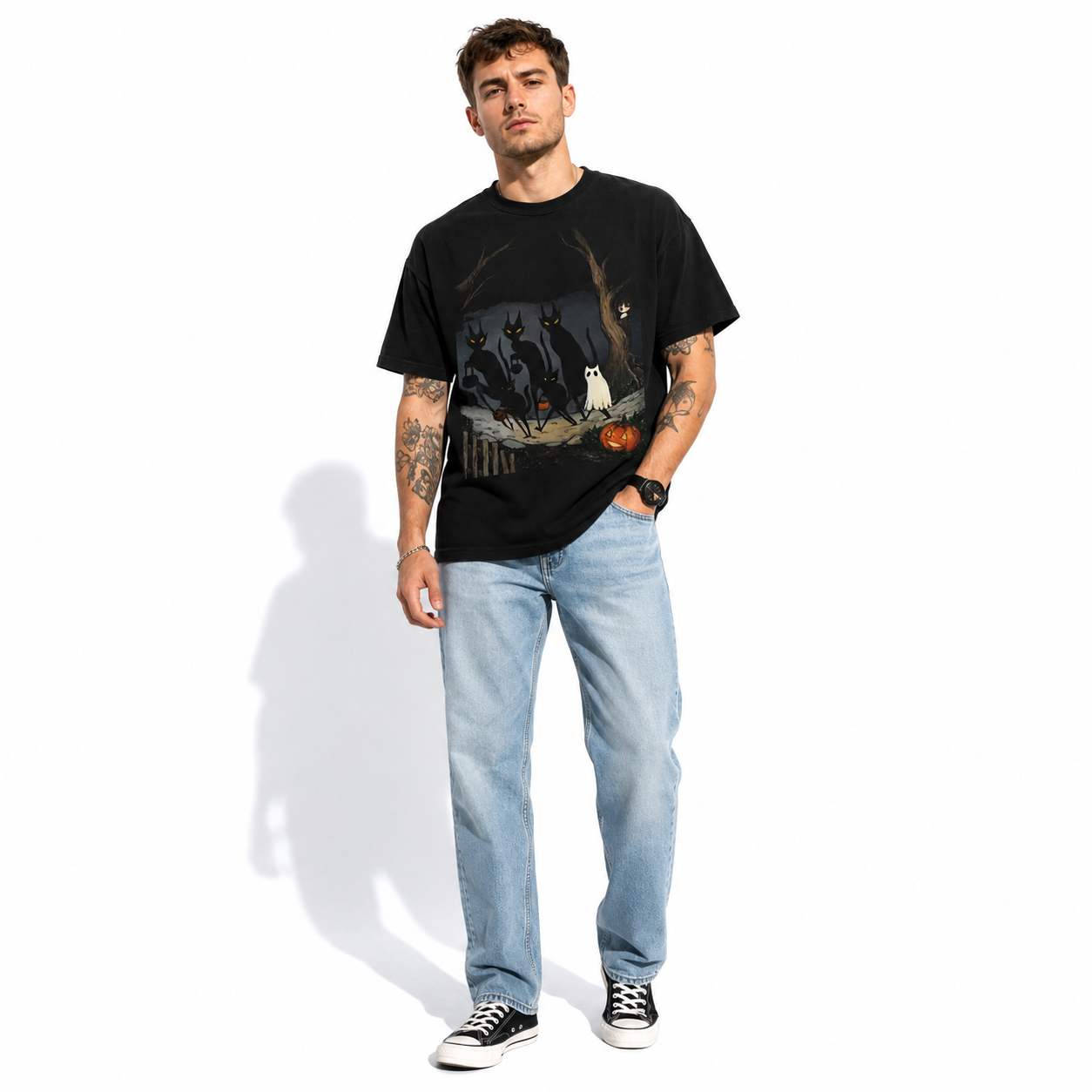 Black Cats Ghost Trick or Treat Spooky Halloween Graphic Men's T-Shirt