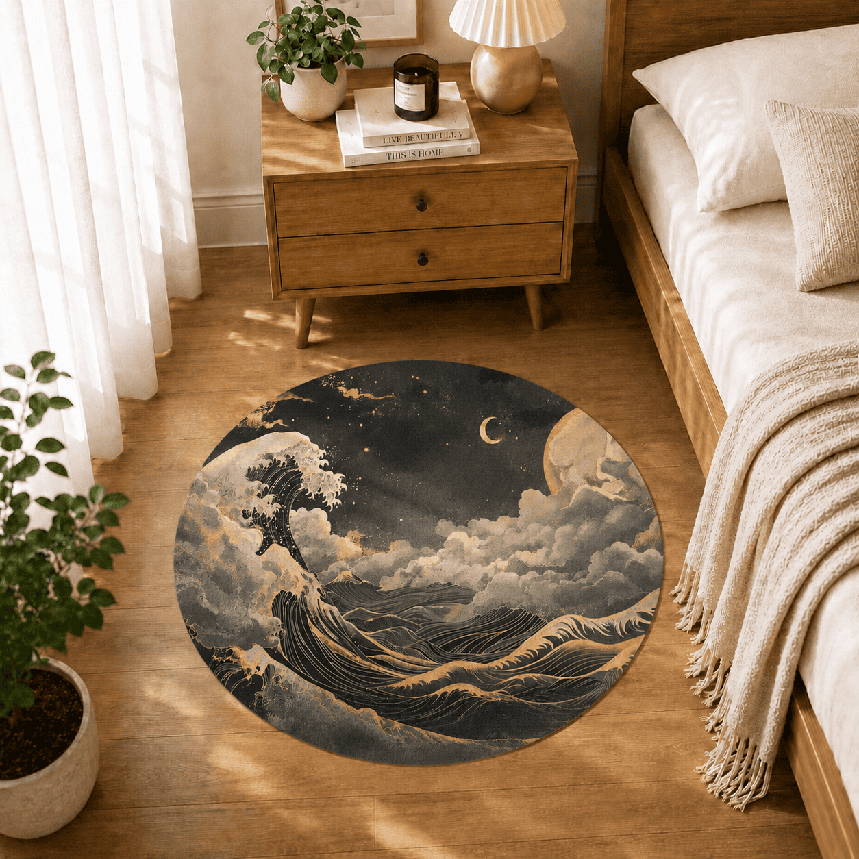 Japandi Bath Rug Moon & Stars Quick Dry Super Absorbent Non Slip