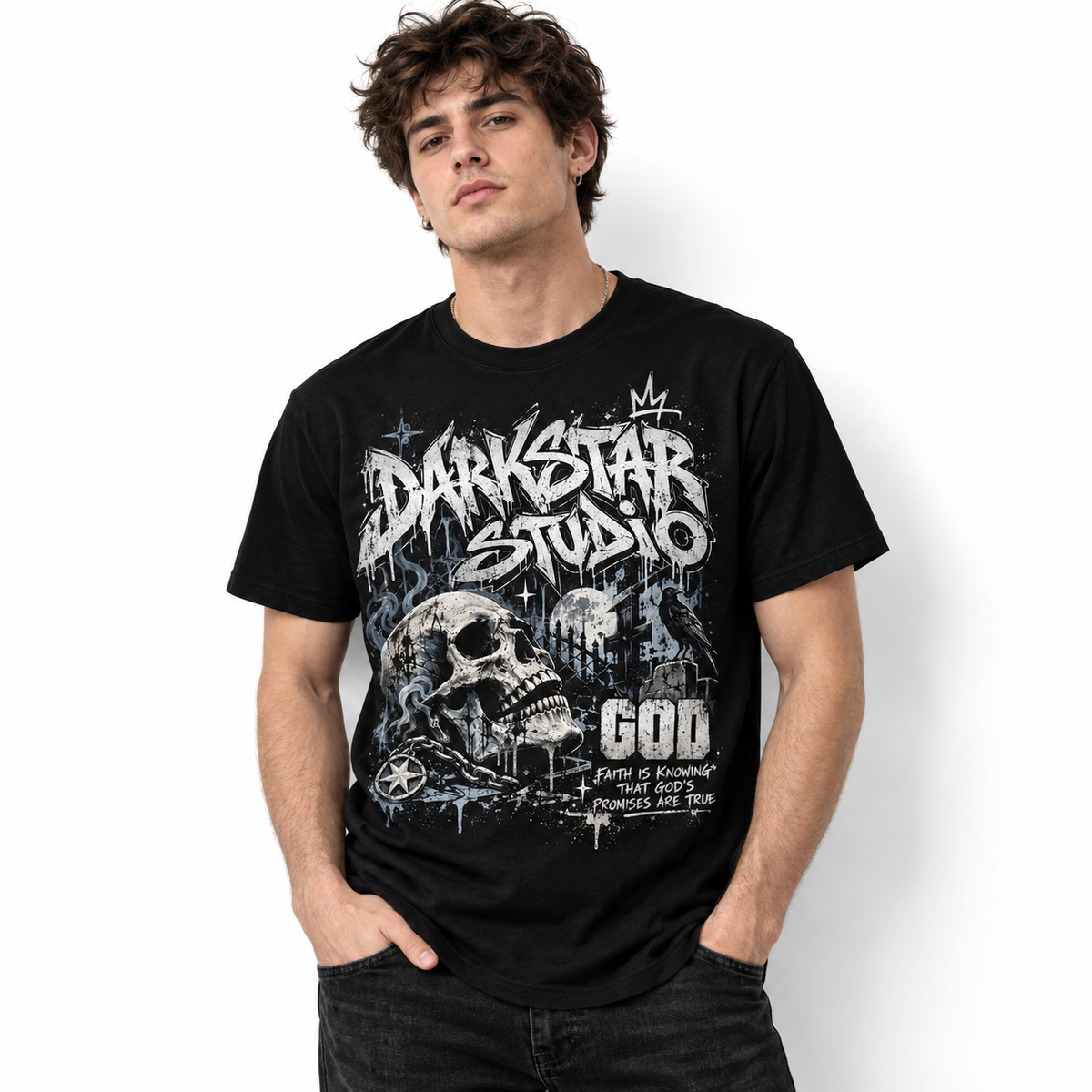 Darkstar Skull Faith in God Gothic Streetwear Men's Graphic T-Shirt