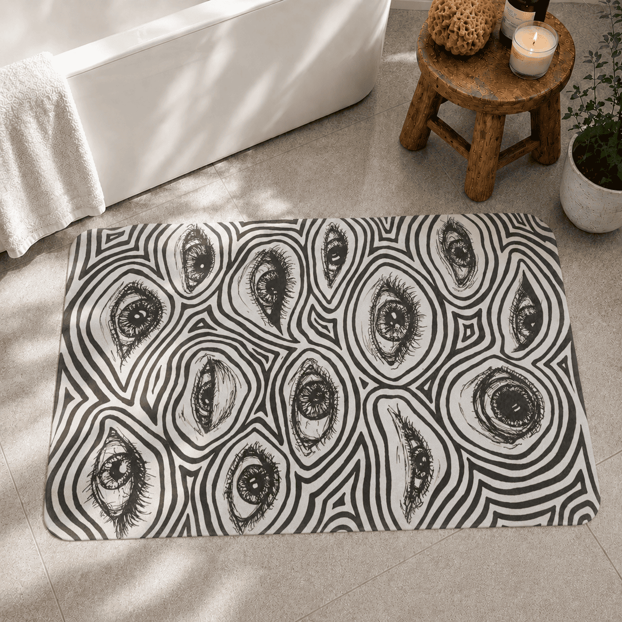 Trippy Eyes Non-Slip Livingroom Carpet, Black and White Psychedelic Bedroom Rug, Fluid Eyes Bathroom Mat, New Home Doormat Idea For Friend
