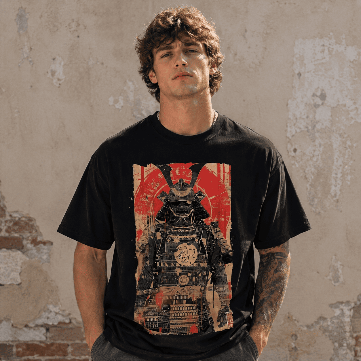 Vintage Japanese Samurai Graphic T-Shirt Black Gold Warrior Retro Tee