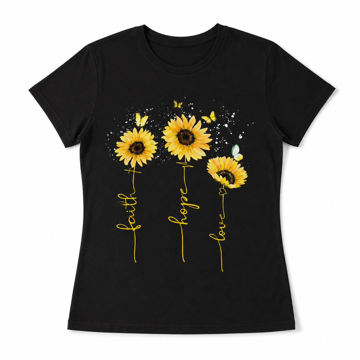Women's Faith Hope Love Sunflower Heart Graphic T-Shirt Christian Casual Tee