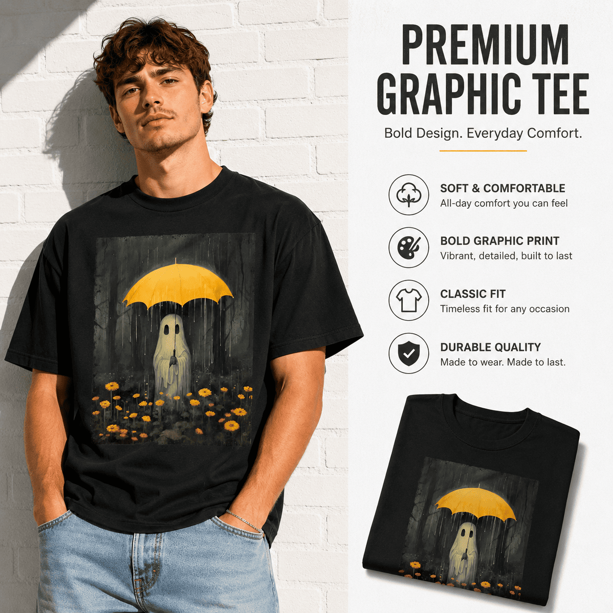 Cute Ghost Yellow Umbrella Halloween Rainy Forest Graphic Men's T-Shirt