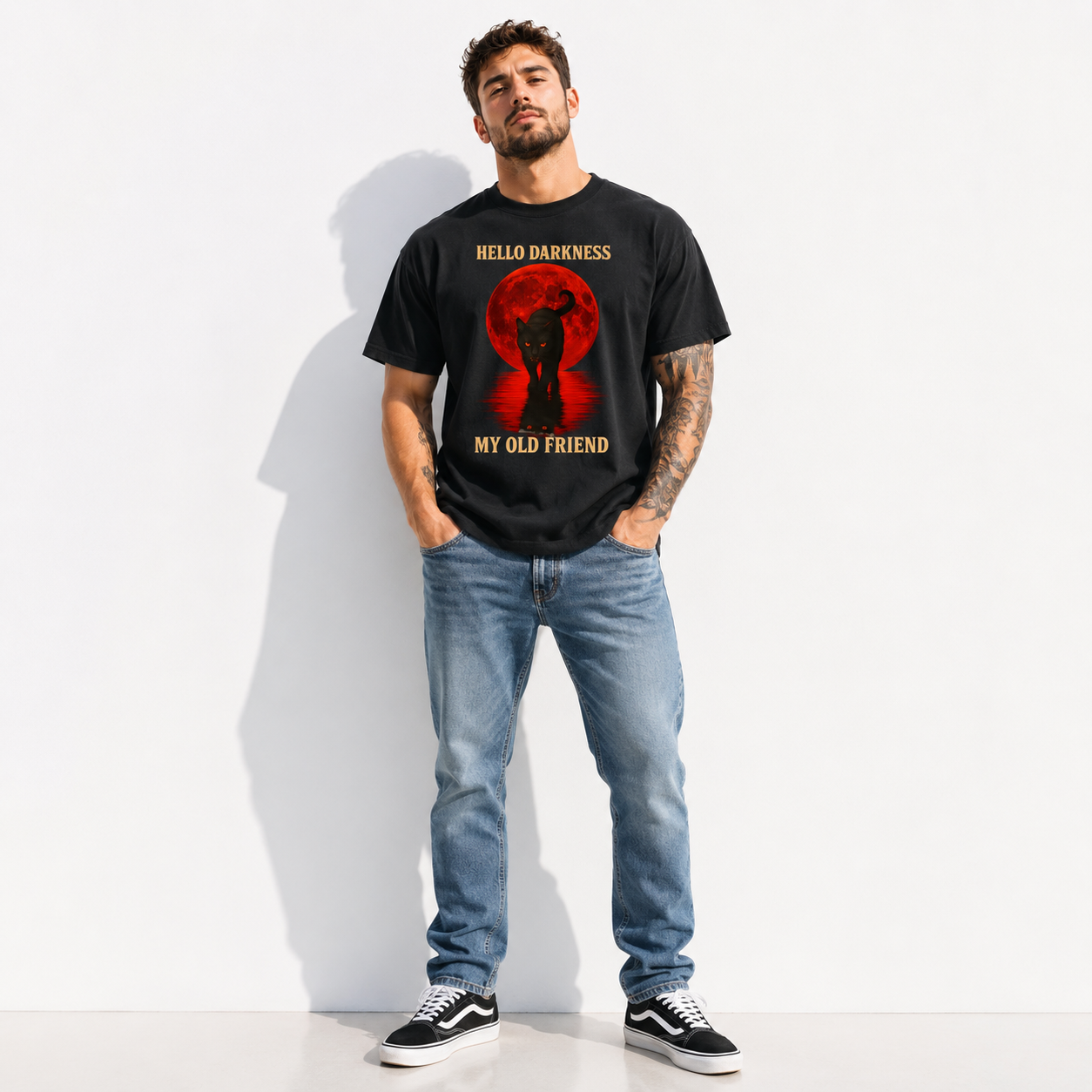 Hello Darkness My Old Friend Black Cat Blood Moon Gothic Men's T-Shirt