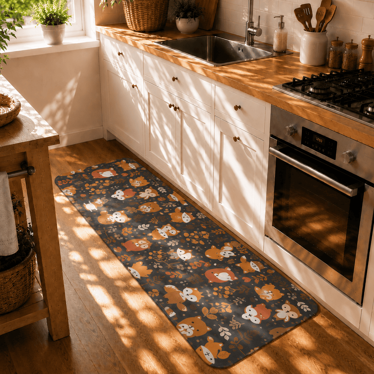 Cartoon Foxes Laundry Room Mat Quick Dry Super Absorbent Non Slip Kawaii Decor
