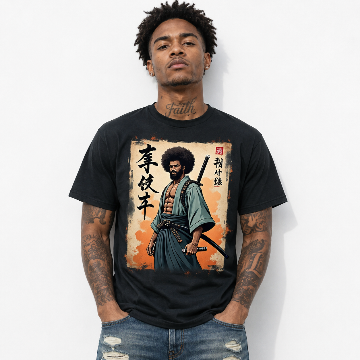Retro African Samurai Graphic T-Shirt Japanese Warrior Streetwear Casual Tee