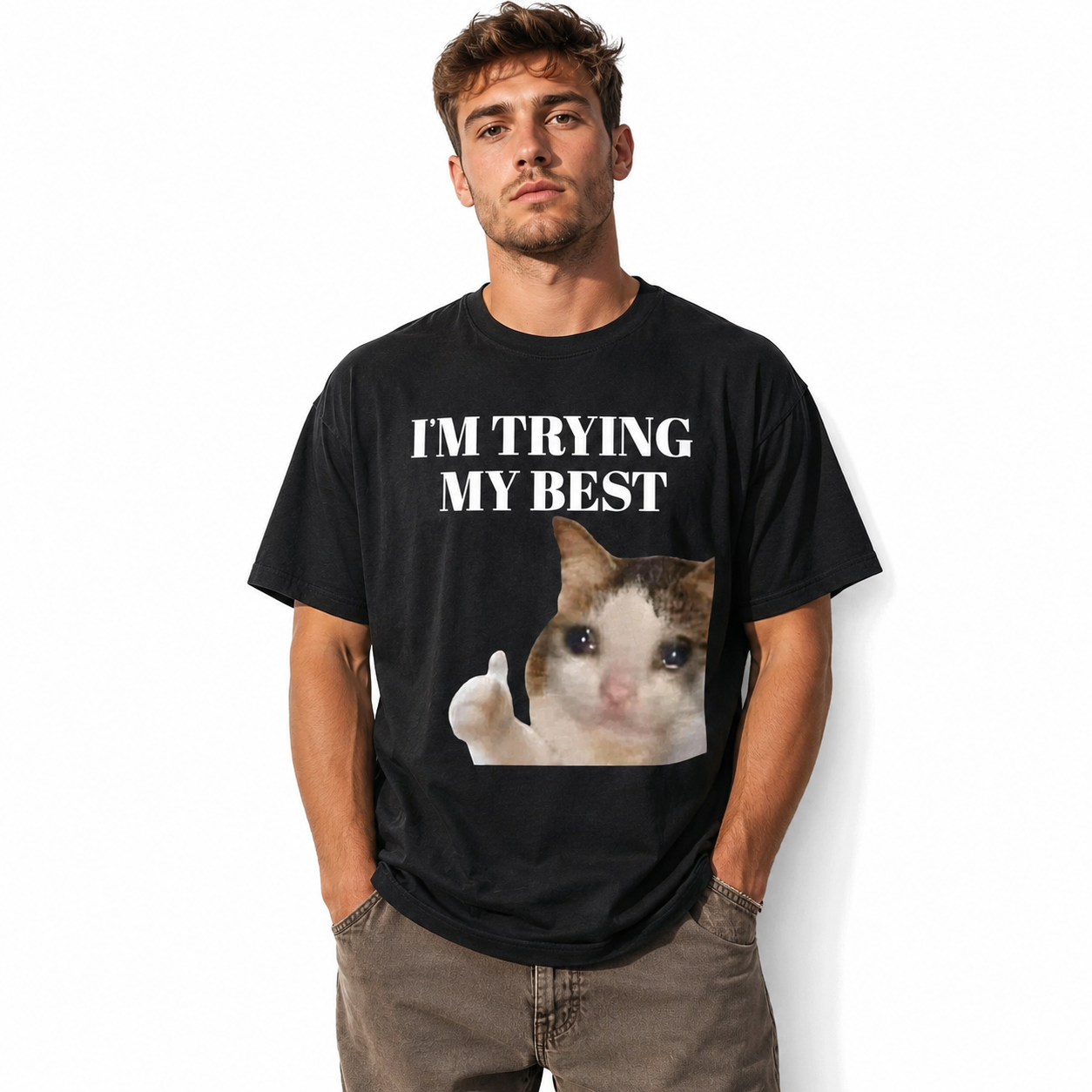 Funny I'm Trying My Best Crying Cat Meme Graphic T-Shirt for Men